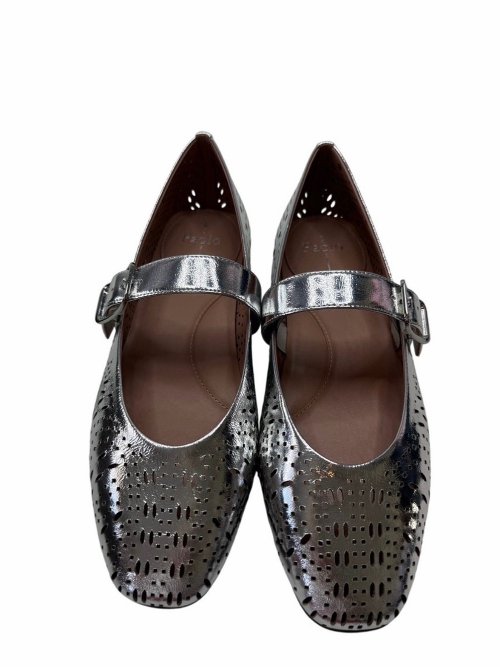 Women's Metallic Silver Perforated Mary Jane Flats with Buckle Linea Paola